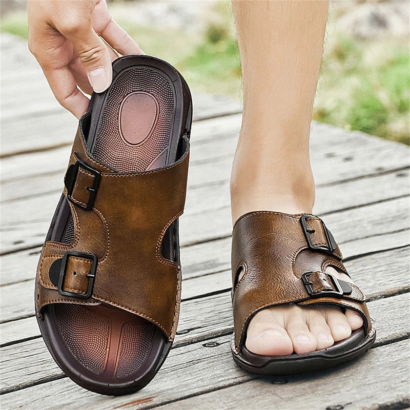 Men's Leather Slip On Beach Sandals Fashion Summer Outdoor Casual Slippers