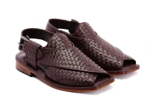 Men's Handcrafted Leather Peshawari Chappal Sandal For Men Woven Brown Leather