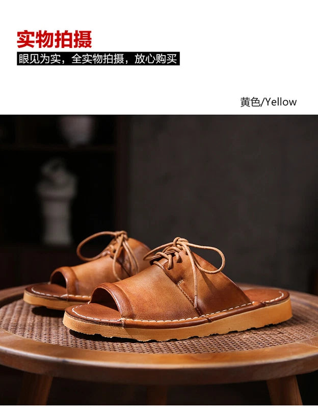 Retro Mens Handmade Real Leather Open Toe Sandal Slippers Shoes Beach Holiday sz