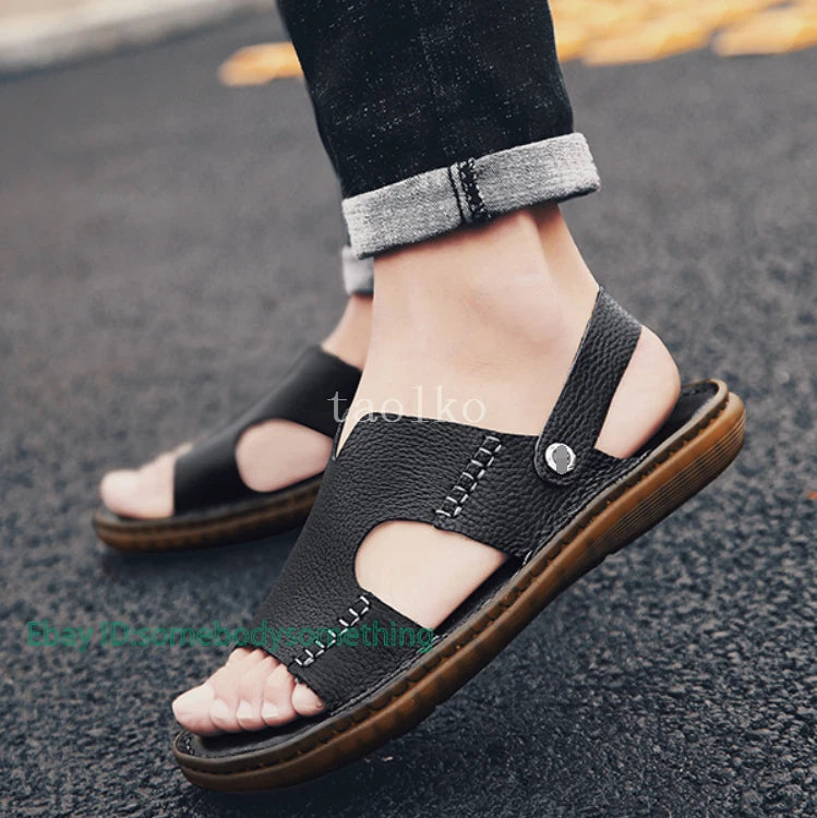 Open Toe Leather Slip on Slippers Sandals Flats Beach Holiday Men Shoes