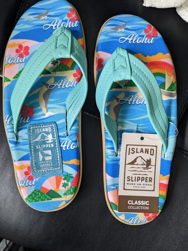 Island Slipper - Flip flops - Ieather - men's 8 - Aloha - while deck bottom