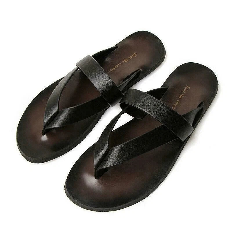 Mens Beach Outdoor Leather Sandals flip flops  Strap Shoes Anti-slip Slippers