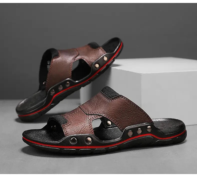 Mens Slippers Sandals Open Toe Fashion PU Leather Beach Holiday Summer Flats New
