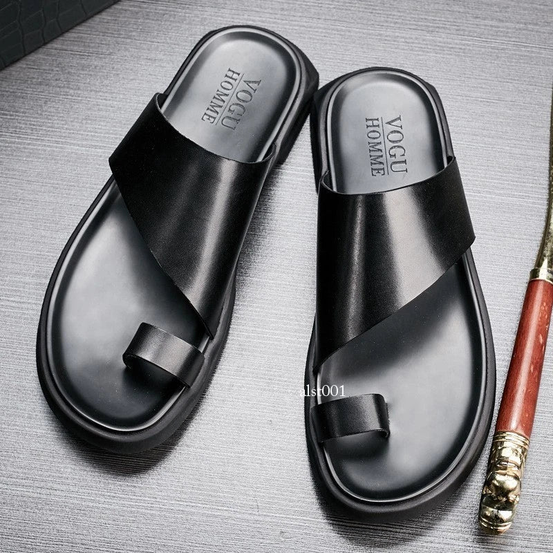 Mens Summer Leather Flip Flops Clipped Toe Korean Non Slip Beach Casual Slippers