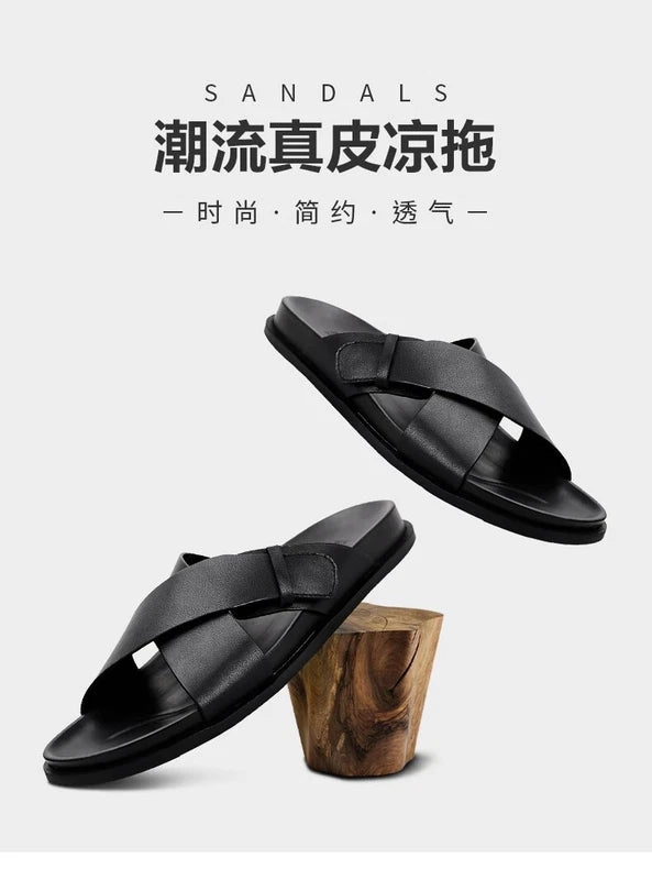 Men Cowhide Casual Slipper Summer Outdoor Breathable Genuine Leather Beach Shoes