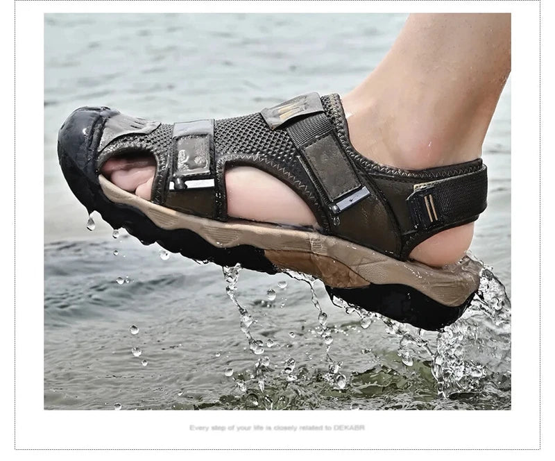 Fashion Casual Men Shoes Genuine Leather Mesh Beach Sandals Breathable Slippers