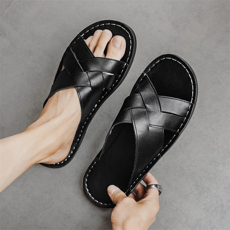 New Mens Casual Leather Sandals Close toe Beach Slippers Slides Outdoor Shoes