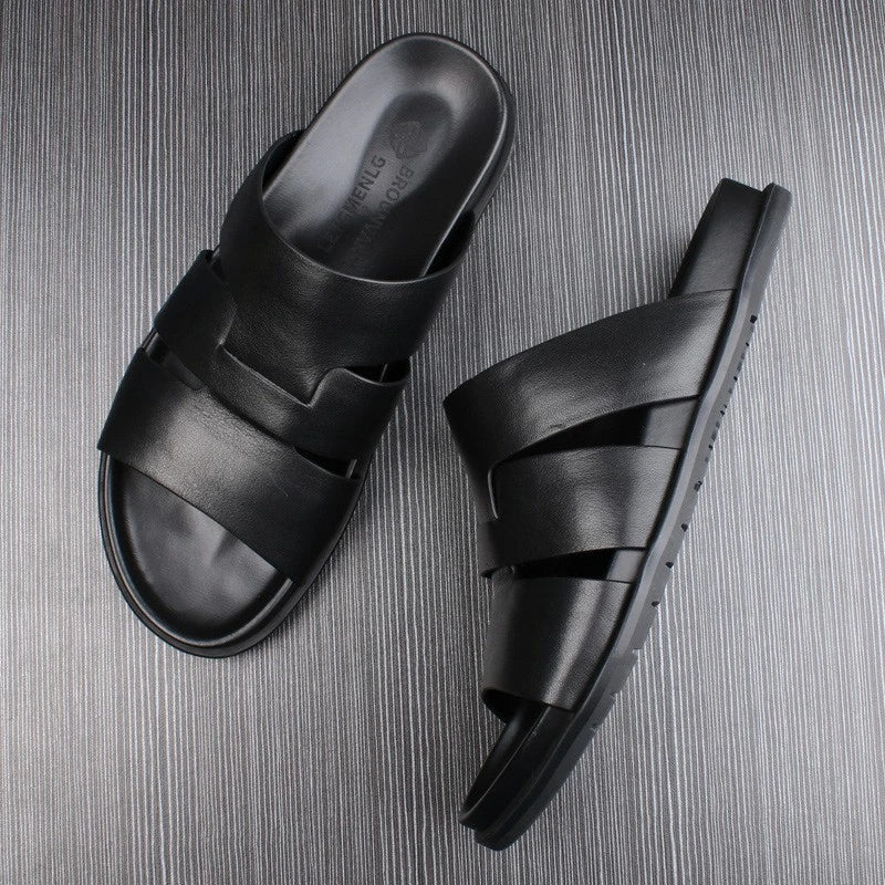 Summer Open Toe Real Leather Mens Sandals Slippers Flats Shoes Beach Roman Style