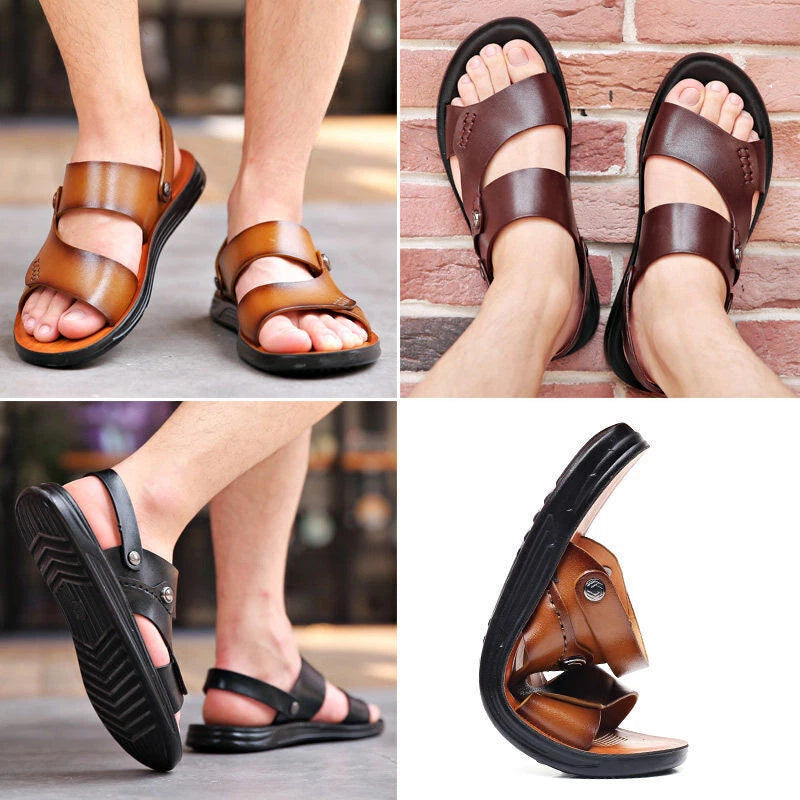 Men Shoes Leather Non-slip Beach Slip-On Sandals Travel Flip Flop Slippers Brown