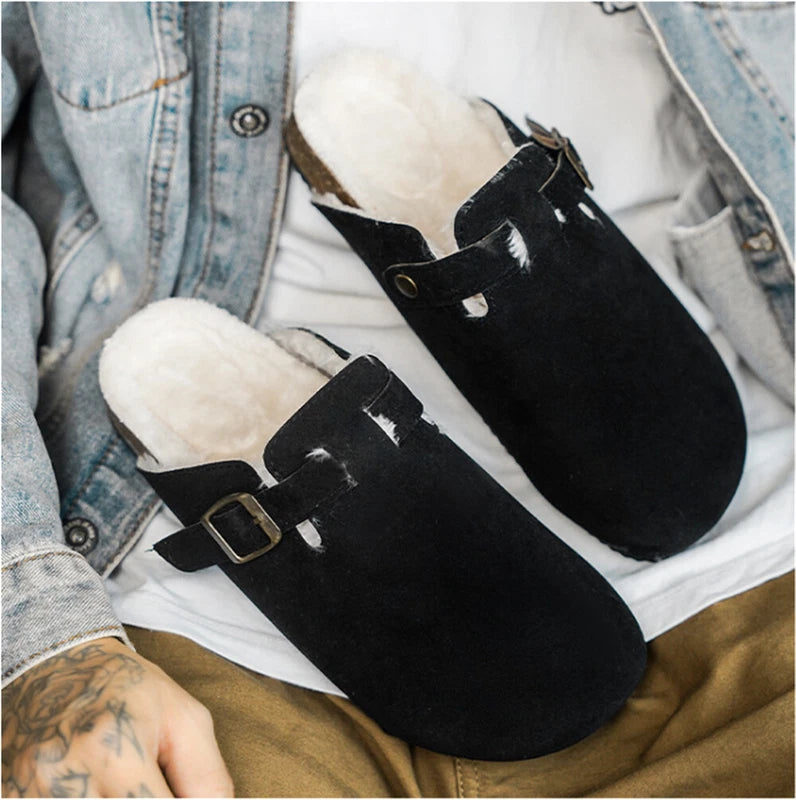 Men's Cork Clog Antislip Sole Warm Slippers Mules Sandals with Adjustable Buckle