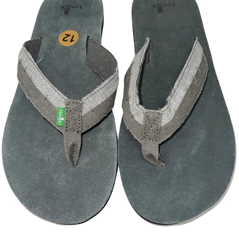 Sanuk Flip Flops Mens Gray Suede Leather Comfort Canvas Sandals Slippers Dr Fray