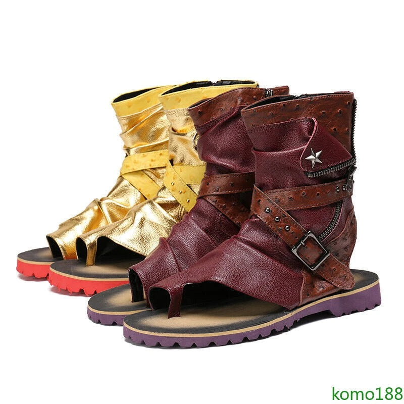 Men's Roman Sandals High Top leather  Flip Flop Gladiator Buckle Shoes Slingback