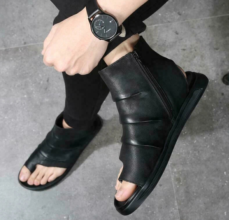 Men's Fashion Summer Roman Walking Leather Side Zip Flat Slippers Sandals Shoes