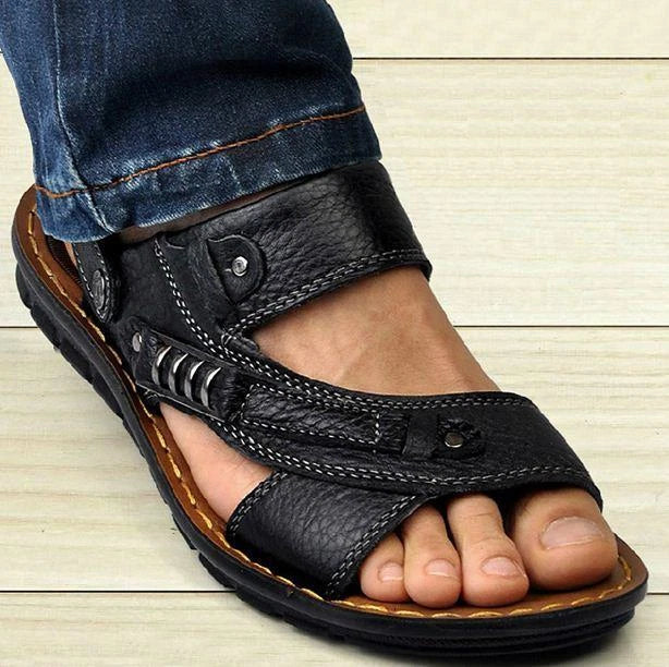 Men's casual leather open toe gladiator beach sport sandal slipper black brown