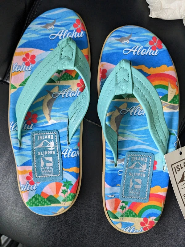 Island Slipper - Flip flops - Ieather - men's 8 - Aloha - while deck bottom