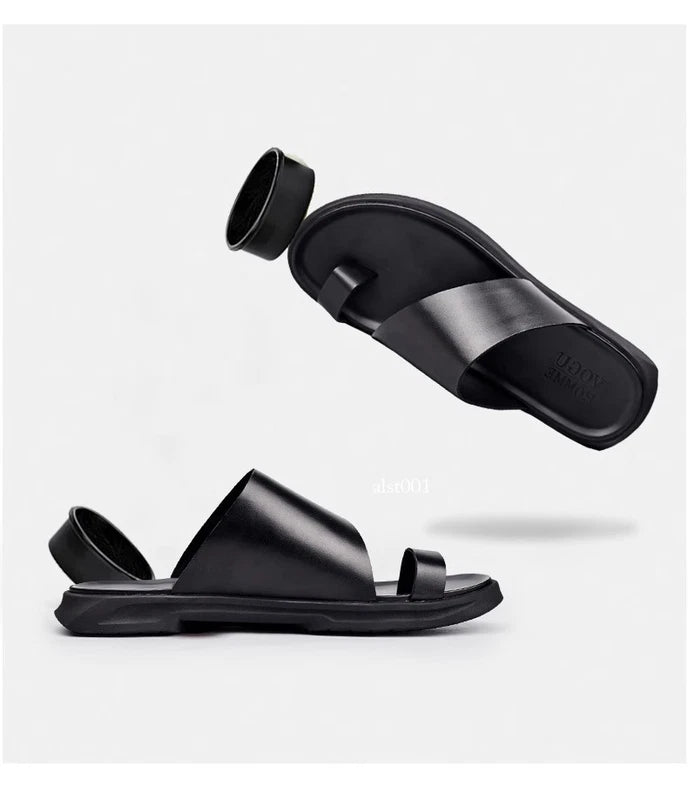 Mens Summer Leather Flip Flops Clipped Toe Korean Non Slip Beach Casual Slippers