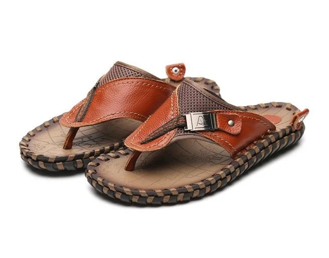 Men's Flip Flops Genuine Leather Slippers Men Beach Sandals Shoes