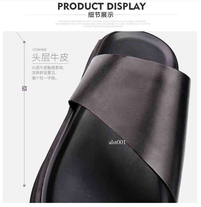 Mens Summer Leather Flip Flops Clipped Toe Korean Non Slip Beach Casual Slippers