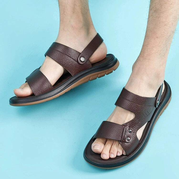 Open Toe Summer Slipper Sandals Beach Real Leather Mens Shoes Roman Style Casual