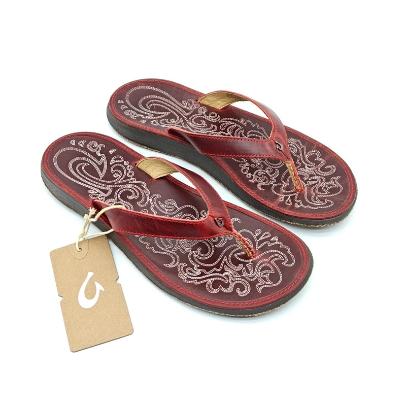Olukai Womens 7/8/9 Paniolo Flip Flop Thong Red Leather Sandals 20129