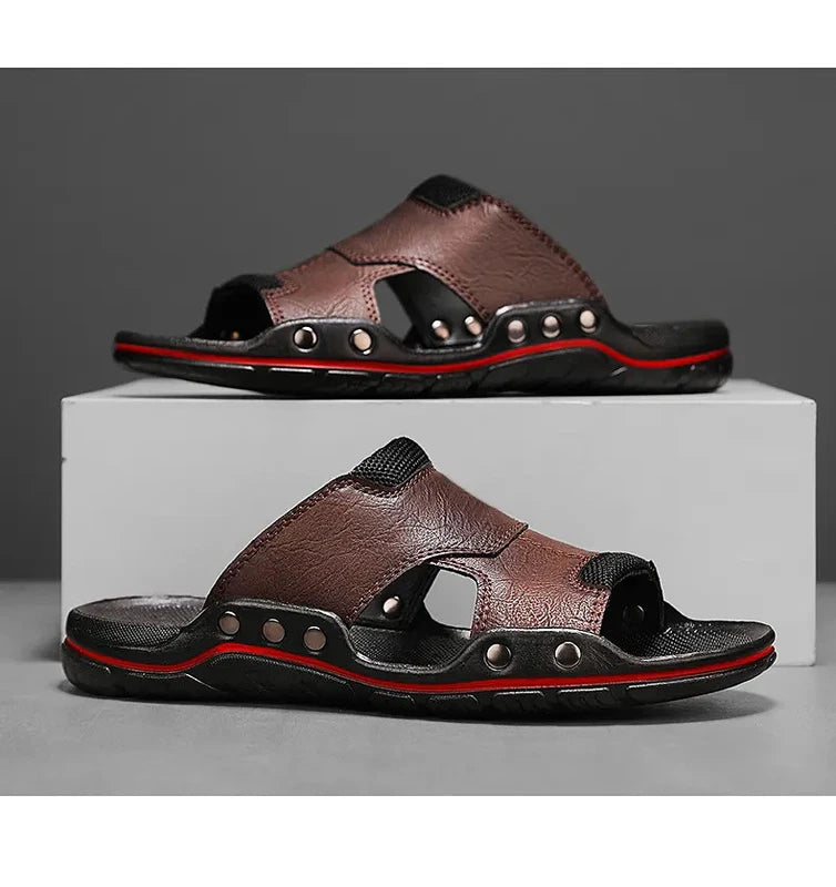 Mens Slippers Sandals Open Toe Fashion PU Leather Beach Holiday Summer Flats New