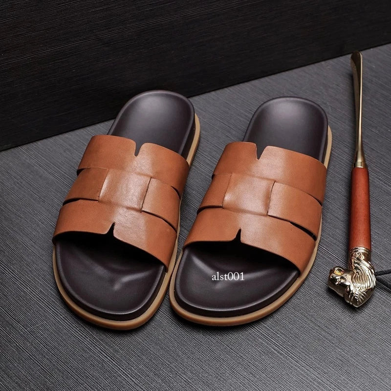 Summer New Men's Slippers Casual Breathable Beach Sandals Flat Leather Slippers